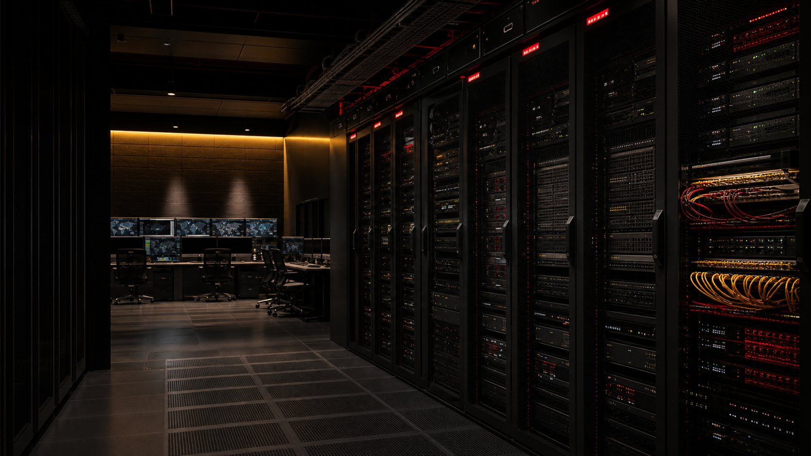 Dark enterprise server room and security operations infrastructure